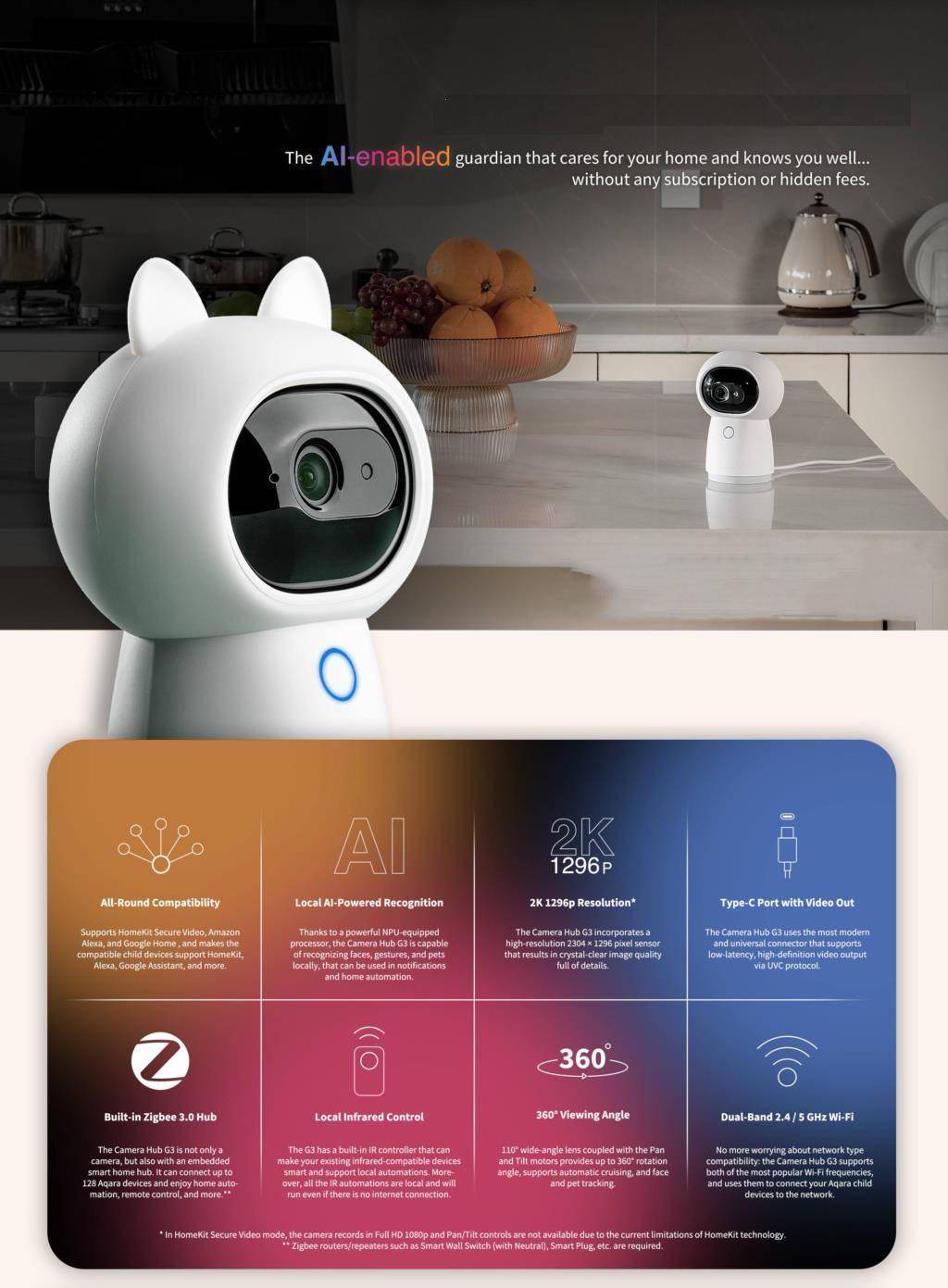 Aqara-cámara inteligente G3 Hub Edition Zigbee 3,0, 1296P, 2K, HD, ángulo de visión de 360 ° para el trabajo en casa inteligente con Apple HomeKit, novedad